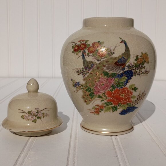 Vintage Japanese Ginger Jar Floral Peacock Porcelain Lidded Satsuma Crackled MCM - Picture 2 of 14